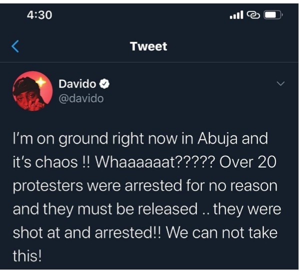 #EndSARS: Davido beg for the release of 20 protesters in Abuja