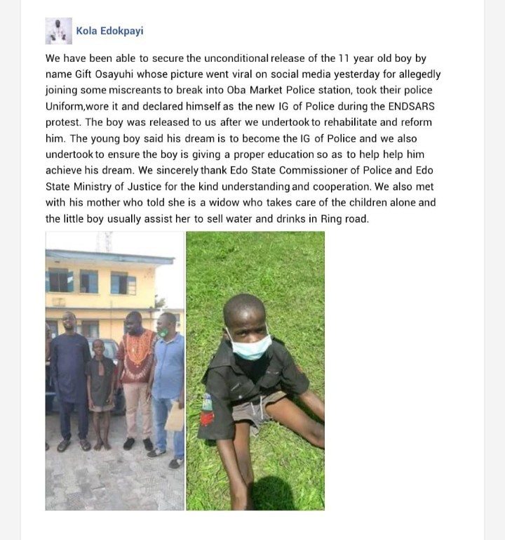 “My Dream is to Become IGP” – Declares Boy Arrested in Edo After His Release