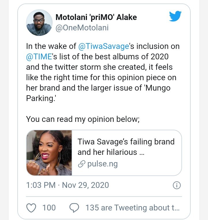 Tiwa Savage Drags Out Pulse's Journalist Who Called Her a “Struggling Brand” Says Her Son is Richer Than Him