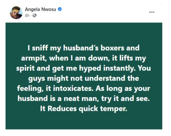 S8x Therapist Says Sniffing Her Husband's Boxers Lifts Her Spirit