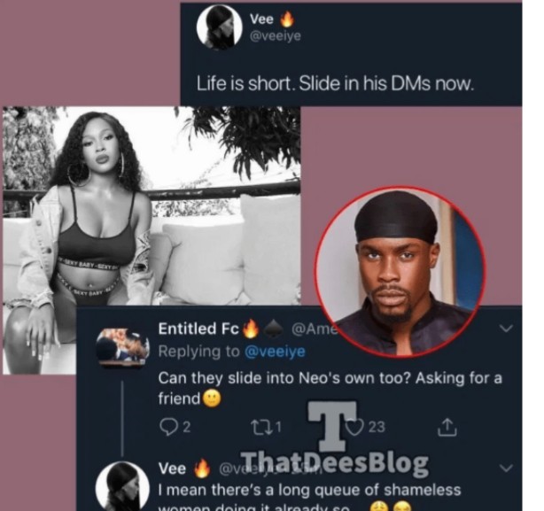 BBNaija Vee says many shameless women are after her lover, Neo Akpofure and they are already shooting their shot in his DM.