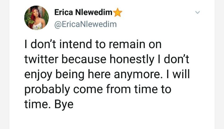 Erica Cries Out “I don’t Intend to Remain on Twitter" [Tweet]