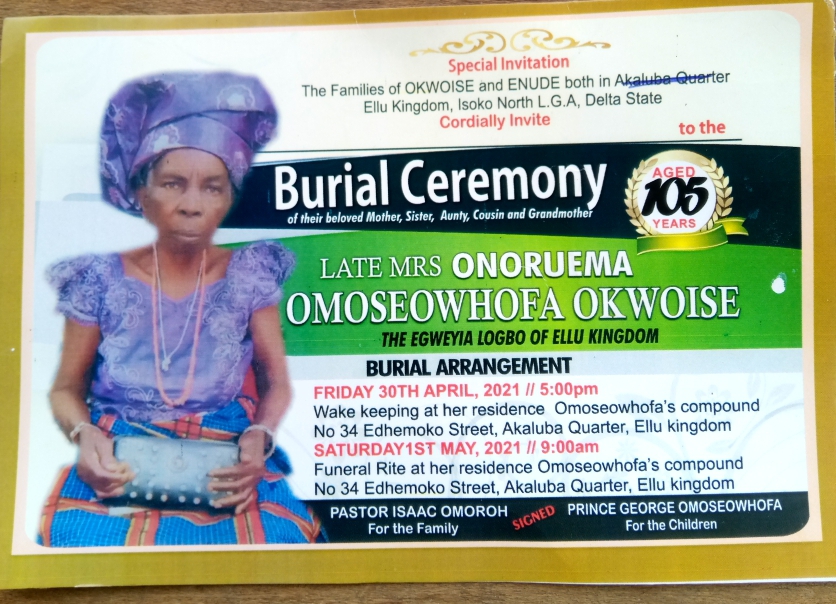 Emesakoru Enifome, Development Expert Set to Bury Mother-Inlaw, Mama Omoseowhofa in Delta