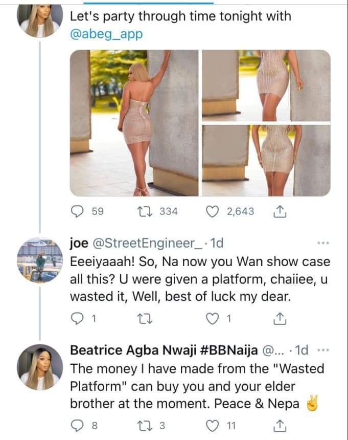 BBNaija Evicted Beatrice insults Troller, Accused of Wasting Platform 