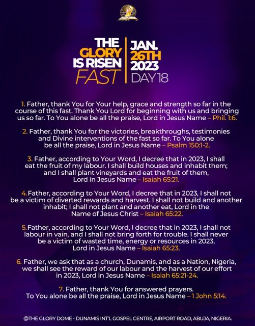 Day 19 Dunamis Glory is Risen Fast 27 January 2023 Focus Message, Declarations