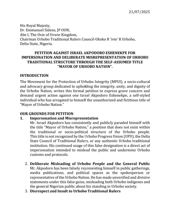 MPUI Petitions Israel Akpodoro Over Alleged Impersonation, Misrepresentation of Urhobo Nation