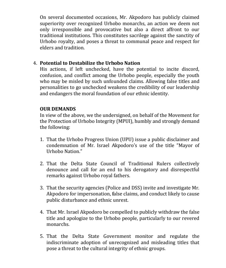 MPUI Petitions Israel Akpodoro Over Alleged Impersonation, Misrepresentation of Urhobo Nation