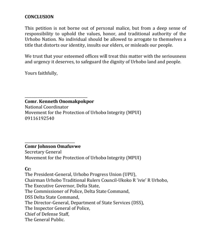 MPUI Petitions Israel Akpodoro Over Alleged Impersonation, Misrepresentation of Urhobo Nation