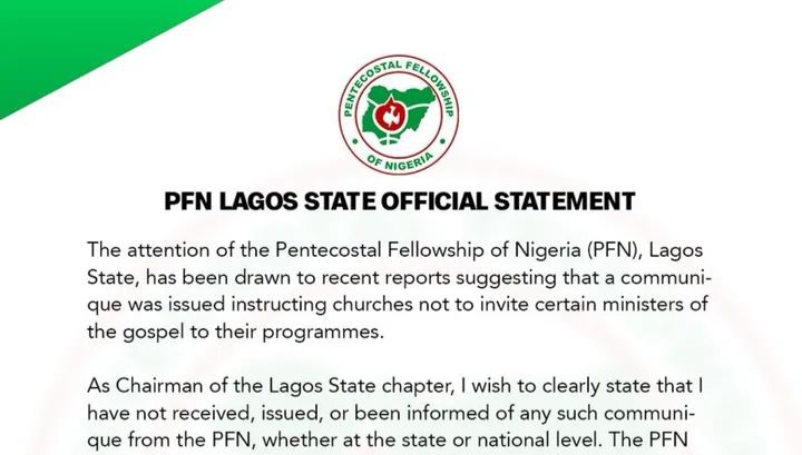 PFN Lagos Denies Issuing Directive Barring Churches From Inviting Certain Ministers